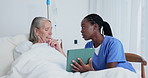Nurse, tablet and senior woman for diagnosis, healthcare and results in hospital bed. Medical, caregiver and elderly patient talking for explaining, discussion and consultation for health examination