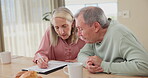 Paperwork, writing and senior couple for finance, budget and planning of expenses or retirement policy. Coffee, agreement and document for signature, mortgage or life insurance for investment