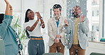 Celebration, confetti and business people in office with achievement, good news or promotion. Happy, clapping hands and group of designers with glitter and applause for teamwork in workplace.