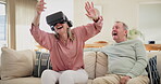 Mature, couple and fun with virtual reality glasses for gaming with futuristic technology, metaverse and online game. Senior, people and sofa to relax with vr goggles for cyber fantasy and esports.