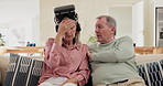 Senior couple, support and technology for virtual reality, online streaming or gaming with people at home. Partners, elderly man and woman with stress from esports, video or headache from cyber game