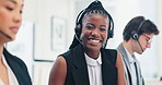 Laughing, face or black woman in call center for customer service, tech support or consulting advice. Funny, sales or happy consultant in telemarketing, CRM or telecom company with headset or smile