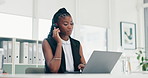 Consulting, laptop or black woman in call center for customer service, tech support sales or advice. Typing, agent or African consultant talking in telemarketing, CRM or telecom company in headset