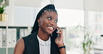 Phone call, talk and black woman in office, sales or online marketing for businesswoman. Cellphone, business communication or discussion for telemarketing, deal or negotiation networking in workplace