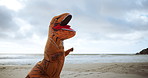 Dinosaur costume, funny and outdoor at beach with fun, and performance and fight air on sand. Ocean, fitness and inflatable animal with boxing for energy, entertainment and cardio exercise in nature