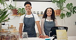 Barista, coffee shop and employees with services, shop and coworkers with smile and professional. Face, man and woman in a cafe and teamwork with cooperation and confidence with small business or joy