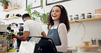 Woman, cafe and face of barista with tablet for online order, ecommerce or service at coffee shop. Female person, smile and waitress with tech for small business, networking or digital update of menu