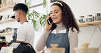 Woman, coffee shop and barista with phone call order for takeaway, service and communication at cafe. Person, small business and waitress with technology for discussion, ecommerce and digital sale