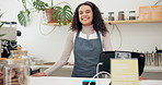Face, barista and happy woman in coffee shop, startup or small business owner in restaurant in Portugal. Portrait, smile and cashier at cafe, employee and professional at bakery store for service