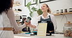 Service, barista or customer with cup at cafe for drinks or return at checkout counter in a coffee shop job. Reusable bottle, giving or waitress in small business restaurant with a woman or lady