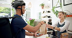 Woman, delivery man and takeaway at restaurant for online order or customer service, breakfast or cafe. Female person, parcel and giving and coffee shop counter of small business, lunch or collection