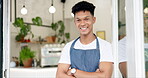 Man, face and coffee shop barista with smile or customer service or waiter at bakery, welcome or business owner. Male person, portrait and happy at restaurant with confidence, server or breakfast