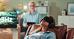 Calm, therapy and woman with sound in headphones at clinic on psychedelic treatment for ptsd or depression. Audio, frequency and doctor in psychology with research, study on anxiety and mental health