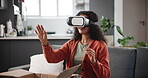 Woman, sofa and virtual reality glasses for interaction or entertainment, video game and metaverse or esports. Female person and vr headset for exploration, futuristic experience and cyber fantasy.