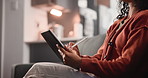 Tablet, pen and hands of woman on sofa drawing sketch for creative freelancer project at home. Illustration, remote job and closeup of female graphic designer working on digital technology at house.
