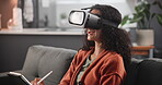 Virtual reality, woman and headset on sofa with tablet for interactive metaverse, augmented world and excited. VR glasses, person and futuristic technology with digital innovation and relax in home