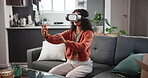 Girl, couch and virtual reality glasses for interaction or entertainment, video game and metaverse or esports. Female person and vr headset for exploration, futuristic experience and cyber fantasy.