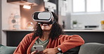 Vr, game and woman in home with phone and happy with experience on esports mobile app or interface. Futuristic, gaming and person relax with virtual reality headset and live streaming on technology