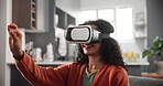 Girl, couch and virtual reality glasses for gaming or entertainment, video game and metaverse or esports. Female person, vr headset and interaction for futuristic experience and cyber fantasy.