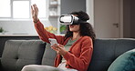 Virtual reality, woman and headset on sofa with phone for interactive metaverse, augmented world and excited. VR glasses, person and futuristic technology with 3D digital innovation and relax in home