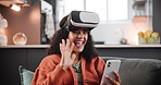 Chat, online and woman in home with vr and happy with experience on mobile app with phone interface. Futuristic, video call and person relax with virtual reality headset and interactive technology
