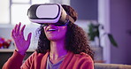 Woman, future and VR technology with streaming for gaming, digital transformation and metaverse. Happy, female person and simulation for augmented reality with surprise, high tech and user experience
