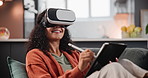 Person, virtual reality and elearning or house on sofa for sketch, drawing or design or art. Female student, metaverse and creative for university at home with paper, education or college with 3d