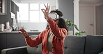 Girl, sofa and virtual reality glasses for gaming or entertainment, video game and metaverse or esports. Female person, vr headset and interaction for futuristic experience and cyber fantasy.