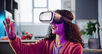 Girl, home and virtual reality glasses for gaming or entertainment, video game and metaverse or esports. Person, vr headset and interaction for futuristic experience and fantasy with neon light.