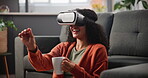 Woman, streaming and VR technology with smile for metaverse, gaming and digital transformation. Happy, female person and laughing for augmented reality with simulation, user experience and high tech