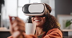 Headset, woman and virtual reality in home, futuristic tech for gaming with vr goggles, gadget for 3d innovation. Metaverse, streaming or online game experience, interactive or connection

