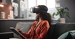 VR, woman and headset on sofa with tablet for interactive metaverse, augmented world and excited. 3D glasses, person and futuristic technology with digital innovation,  virtual reality or pen in home