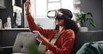 VR, woman and headset on sofa with phone for interactive metaverse, augmented world and excited. 3D glasses, person and futuristic technology with digital innovation, virtual reality or relax in home