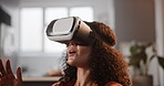 Woman, sofa and virtual reality glasses with wow for entertainment, video game and metaverse or esports. Female person, vr headset and happy for exploration, futuristic experience and cyber fantasy.