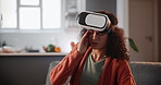 Woman, headache and VR with stress, nausea or motion sickness on living room sofa at home. Dizzy female person with sore head, confusion or pain from long hours on virtual reality headset at house
