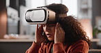 Home, virtual reality glasses and woman with headache, stress and overworked with gamer or burnout. Apartment, VR headset or girl with migraine or health problem with eyesight, frustration or fatigue