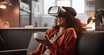 Movie, woman and virtual reality in home, futuristic tech for gaming with vr goggles, gadget for 3d innovation. Metaverse, streaming or online experience, interactive or entertainment connection

