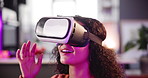 Girl, VR and vision with gamer in metaverse for futuristic, 3d experience or cyber wonder at home. Female person with smile and virtual reality headset for gaming, technology or engagement at house