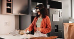 Virtual reality, woman and cooking with futuristic glasses in kitchen for technology, 3d and gaming. Digital world, chef and baking in home with VR goggles or food for fun, experience and creative