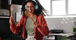 Drums, girl and singing in kitchen with headphones and listening to rock music, audio and enjoyment with happiness. Female person, crazy and spoons for entertainment or rhythm, beats and energy.