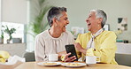 Living room, elderly friends and laughing with smartphone for funny post, notification and connection. Smile, happy and senior women with technology for digital streaming, comedy network or bonding