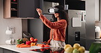 Girl, cooking and vegetables with VR in kitchen for healthy meal, nutrition or vitamins at home. Happy female person preparing food with smile in virtual reality, simulation or interaction at house