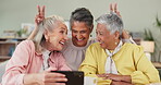 Selfie, senior women and laughter for fun, smile or picture for memory of tea party. Female people, reunion or elderly citizens together for video call, relax or brunch for eating, love or connection