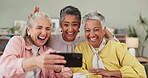 Selfie, senior women and friends at reunion, smile or picture for memory of tea party. Female people, silly or elderly citizens together for video call, relax or brunch for eating, love or bonding