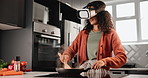 Girl, cooking and pan with vegetables in VR or kitchen for healthy meal, nutrition or vitamins at home. Happy female person preparing food with virtual reality headset for online simulation at house
