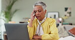 Old woman, laptop of headache of migraine, illness of stress of work, burnout or desk in living room. Mature employee, pain or eyes closed in frustration, anxiety or brain fog as fatigue or failure