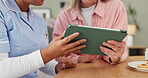 Tablet, senior woman and nurse for discussion, examination results or digital report in nursing home. Retirement, hands of caregiver and elderly patient for communication, consult or medical support