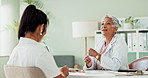 Doctor, office and appointment with woman and handshake for greeting. Wellness clinic, thank you or welcome with medical worker and patient, discussion and conversation for healthcare for diagnosis