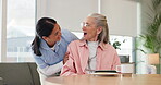 Elderly woman, nurse and empathy in retirement house with table for loneliness, depression and mental health. Senior female, caregiver and support in nursing home with love for wellness or healthcare