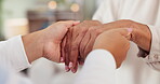 Caregiver, mature person and holding hands for support, elderly care and help for retirement. Medical aid, senior and pensioner with healthcare, wellness and professional hospice doctor with homecare